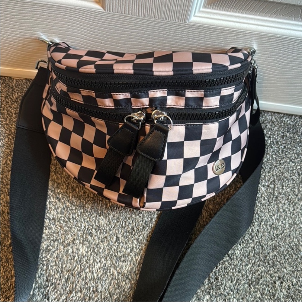 Viral Iris and Rainbow Checkered Crossbody Bag with Black Straps